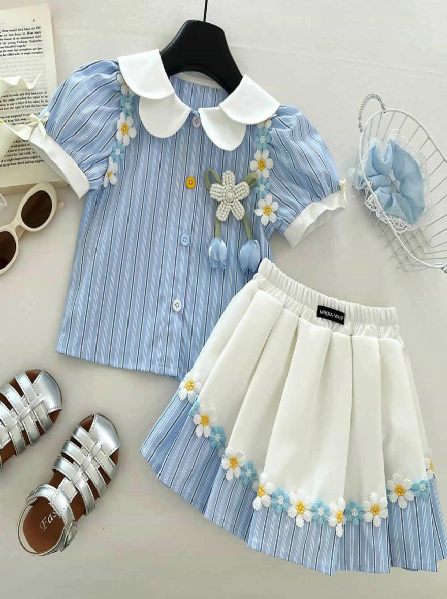 Imported Short Sleeved Floral Top & Elastic Waist Pleated Skirt - China