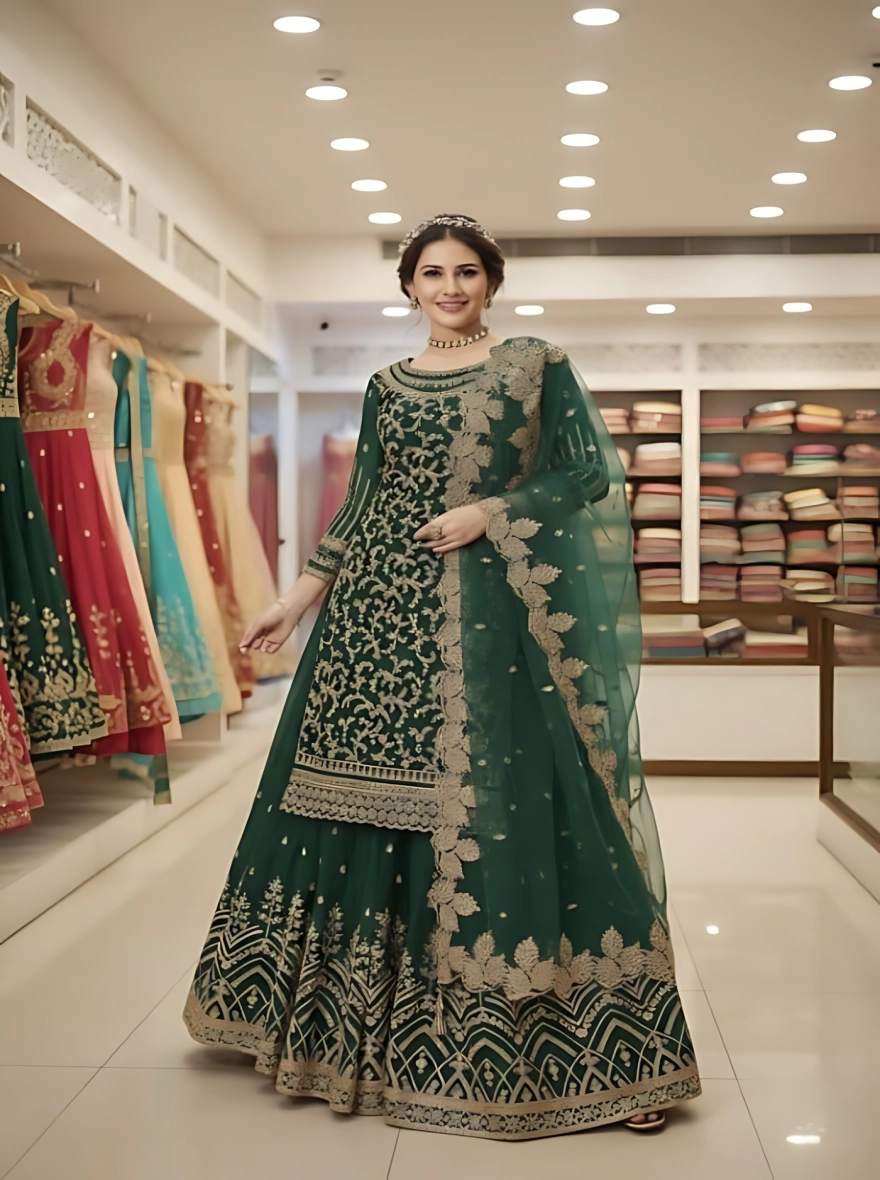 Semi Stitched Georgette Embroidered Dress Set - Green
