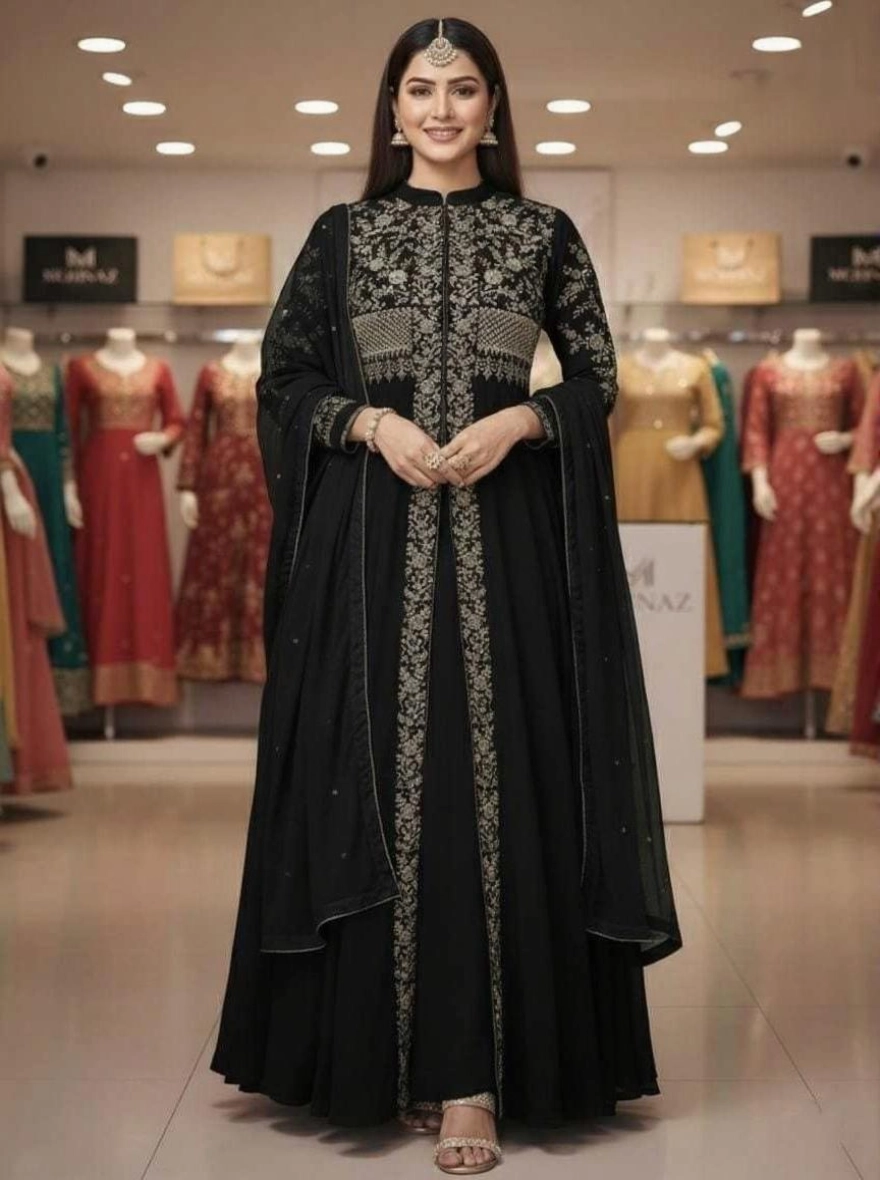 Readymade Georgette Embroidered Party Dress - Black