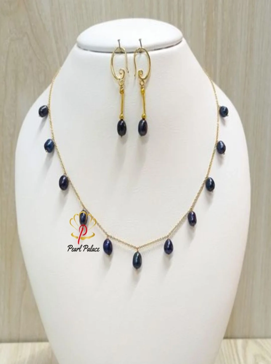 18K Gold Plated Handmade Black Pearl Chain Link Necklace with Earrings.