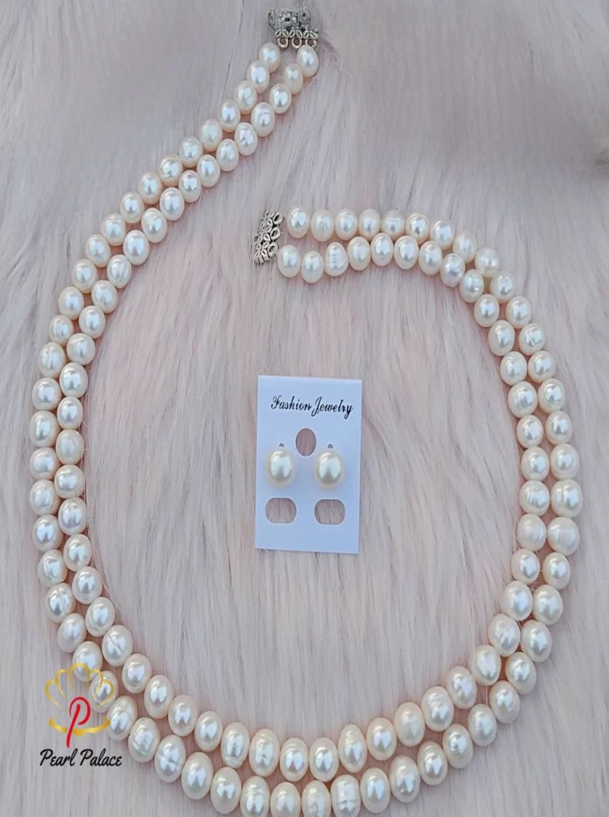 Two-Strand White Freshwater Pearl Necklace and Earring