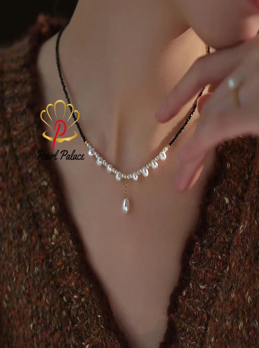 New Arrival Elegant Black Spinel and Natural Freshwater Pearl Necklace for Women – 14K Gold Filled.