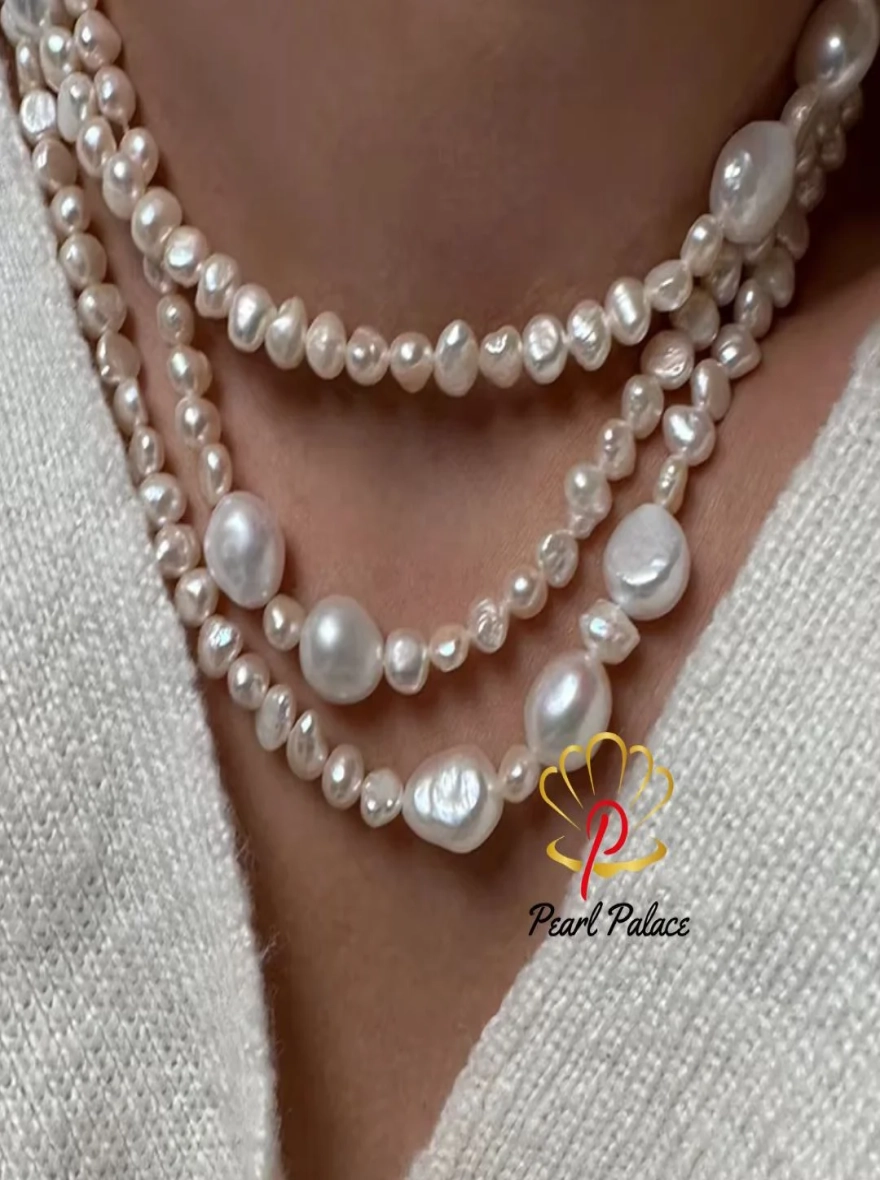 90-120cm Long Chain Necklace For Women Girls Freshwater Natural Baroque Pearls Necklace 5-9mm Vintage Sweater Chain.