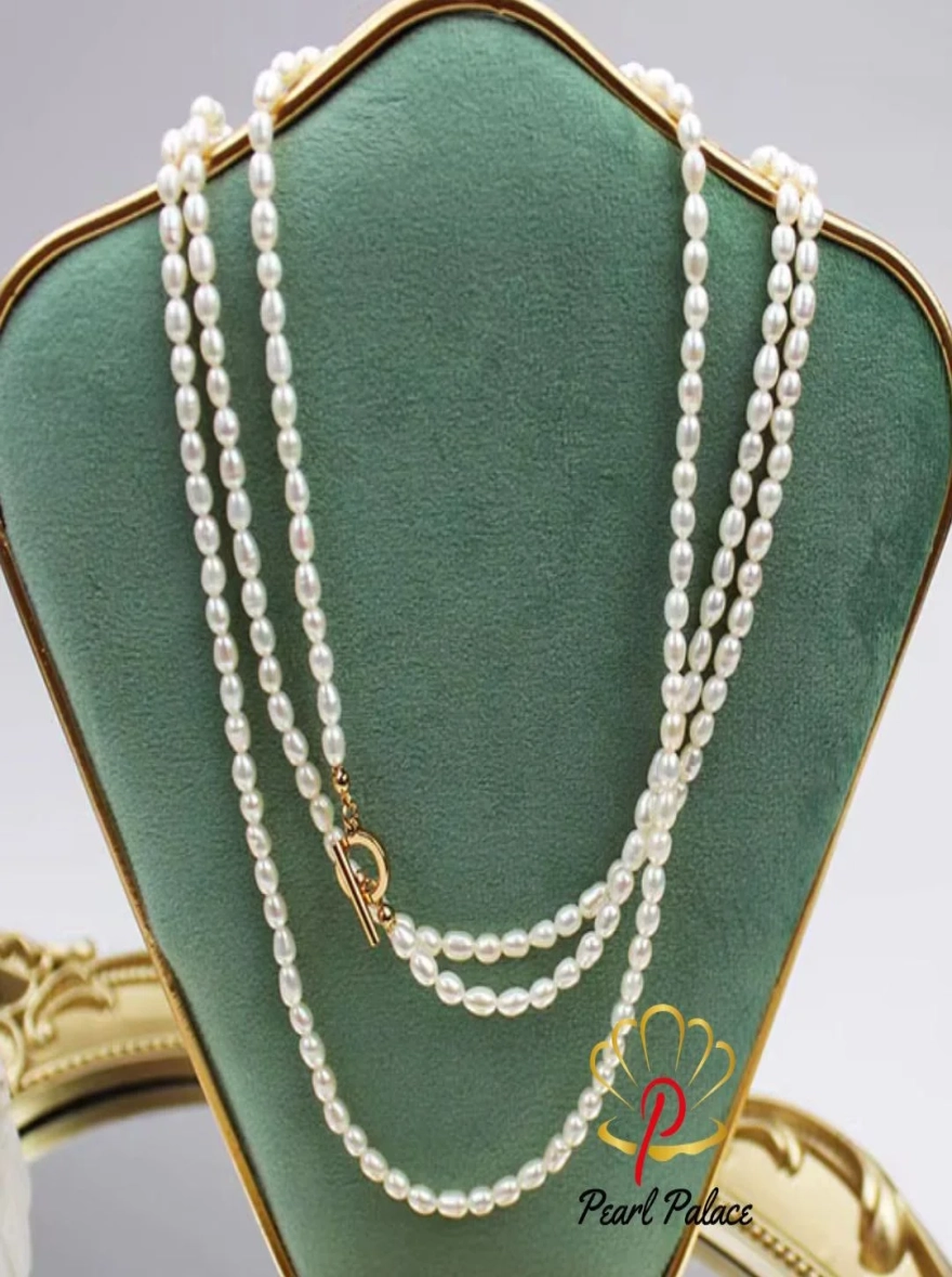 Long Chain Necklace For Women Freshwater Natural Baroque Pearls Necklace 4-6mm Rice Shape Beads Vintage Sweater Chain