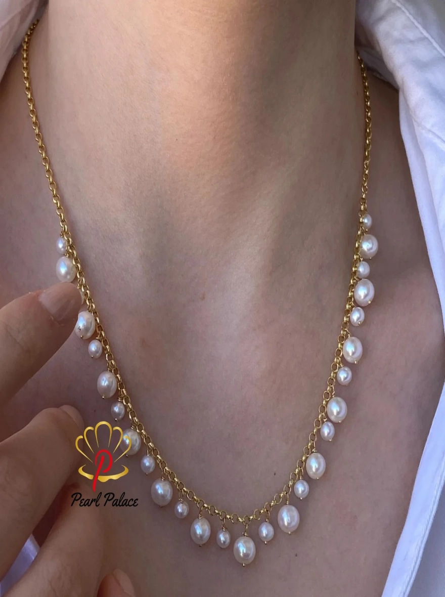 Seraphina Gold-Link Floating Pearl Fringe Necklace