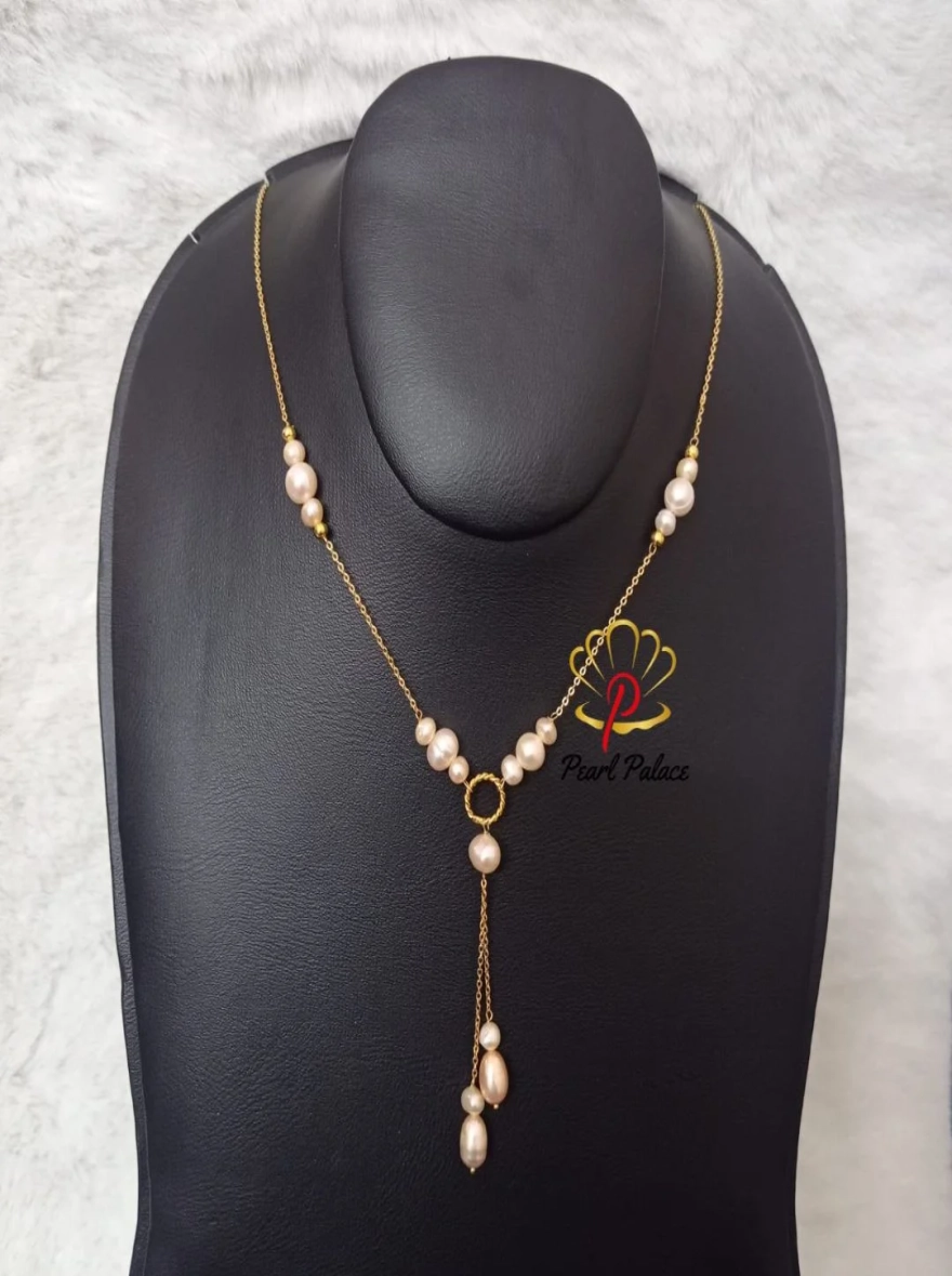 14k Gold plated Chain with Light Pink Freshwater Pearl Y-Necklace.