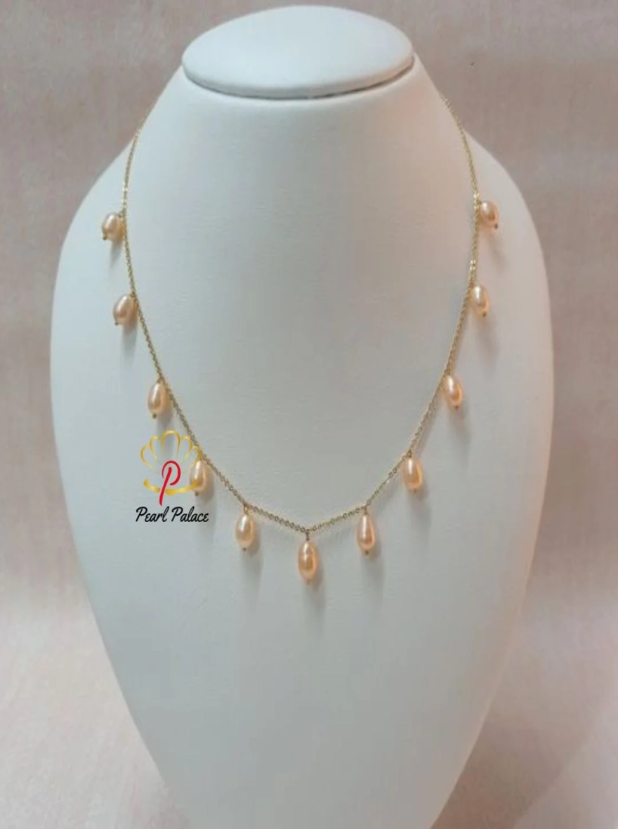 18K Gold Plated Handmade Pink Pearl Freshwater Pearl Chain Link Necklace.