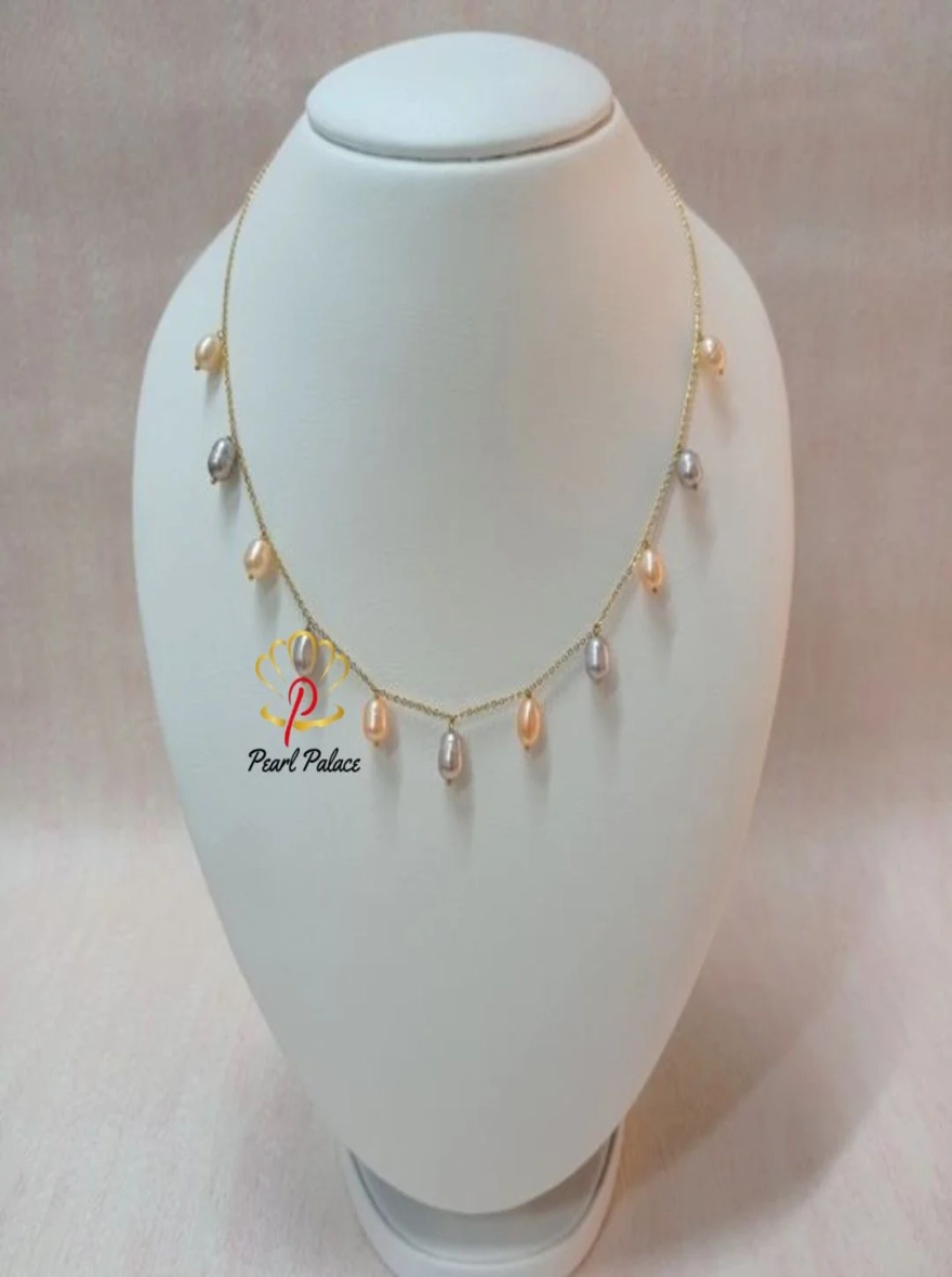 18K Gold Plated Handmade Freshwater Pearl Chain Link Necklace.