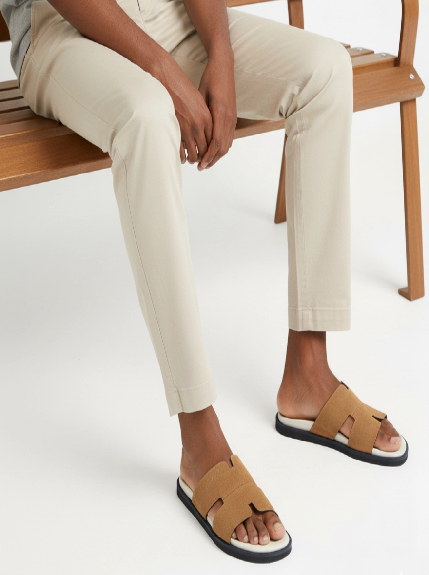 Lumiere Premium H-Strap Designer Slides – Tan & Cream