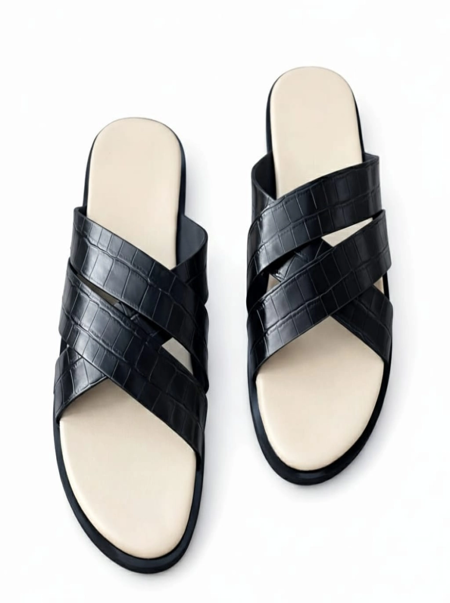 Lumiere Onyx Croc-Embossed Cross-Strap Sandals