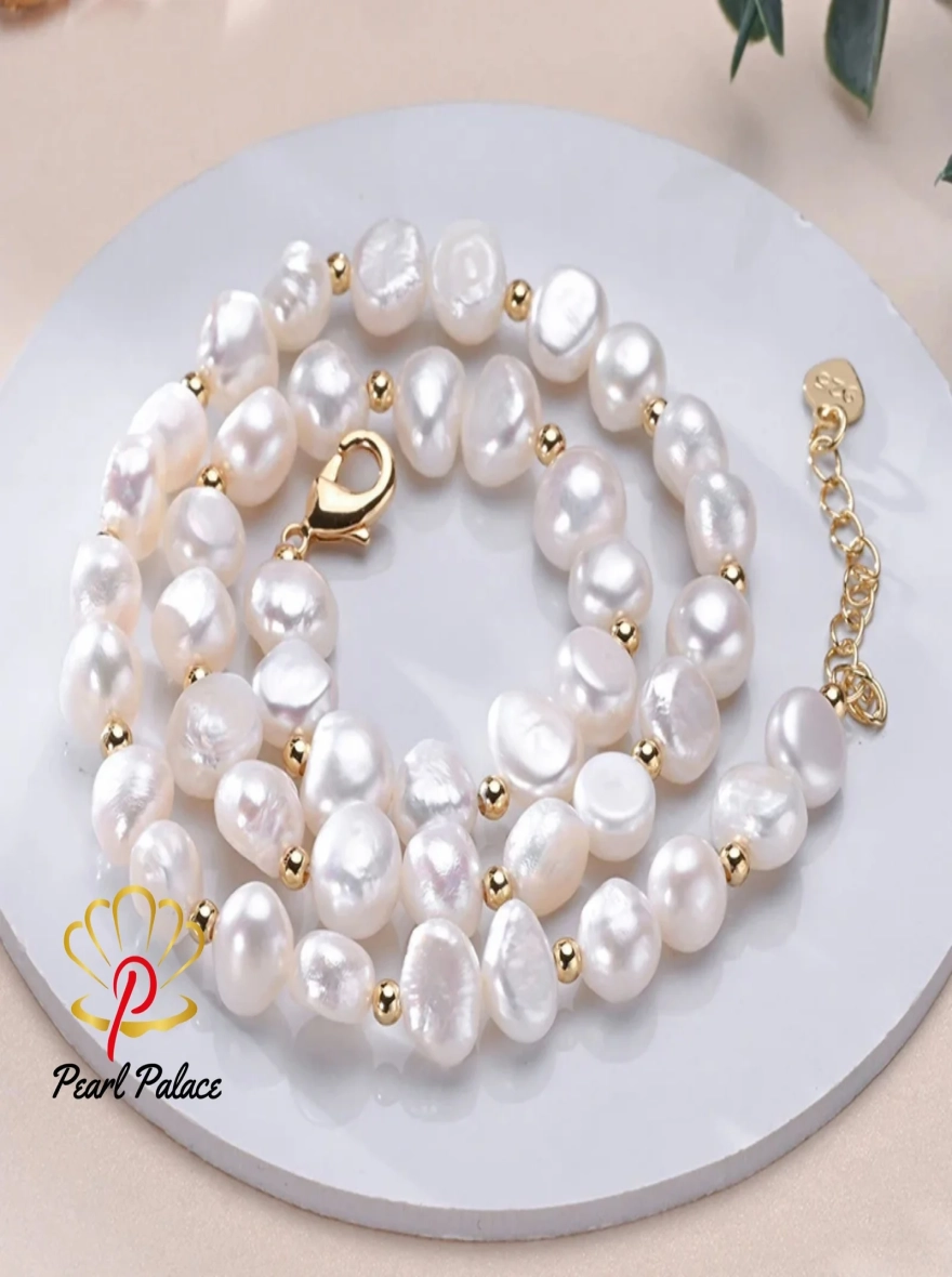 Baroque Freshwater 8-9mm White Pearl With Small Gold Bead Necklace 925 Sterling Silver Jewelry