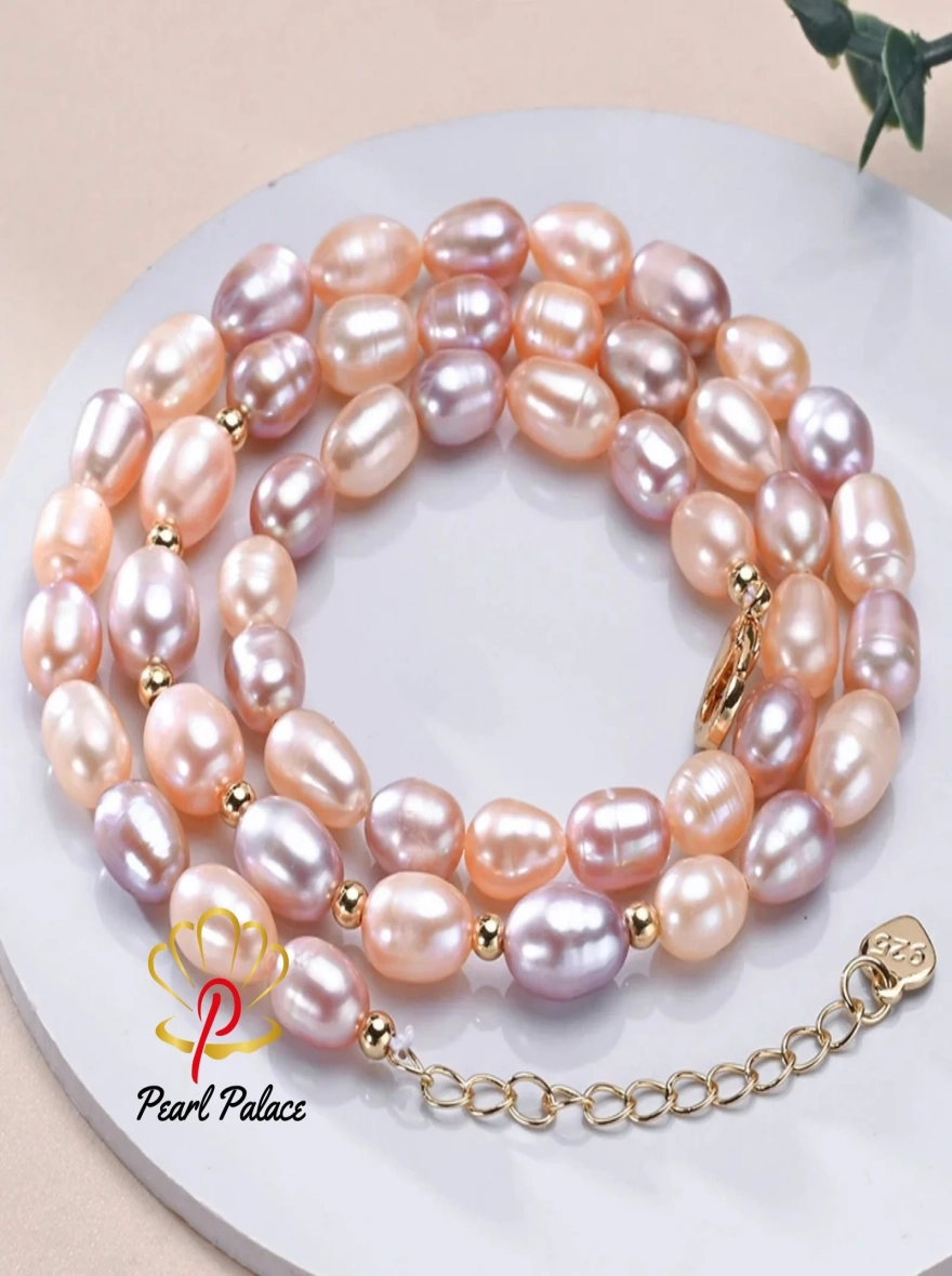 6-7mm Rice Shape Freshwater White Pink Purple Mixed Color Pearl Necklace 925 Sterling Silver Jewelry for Women