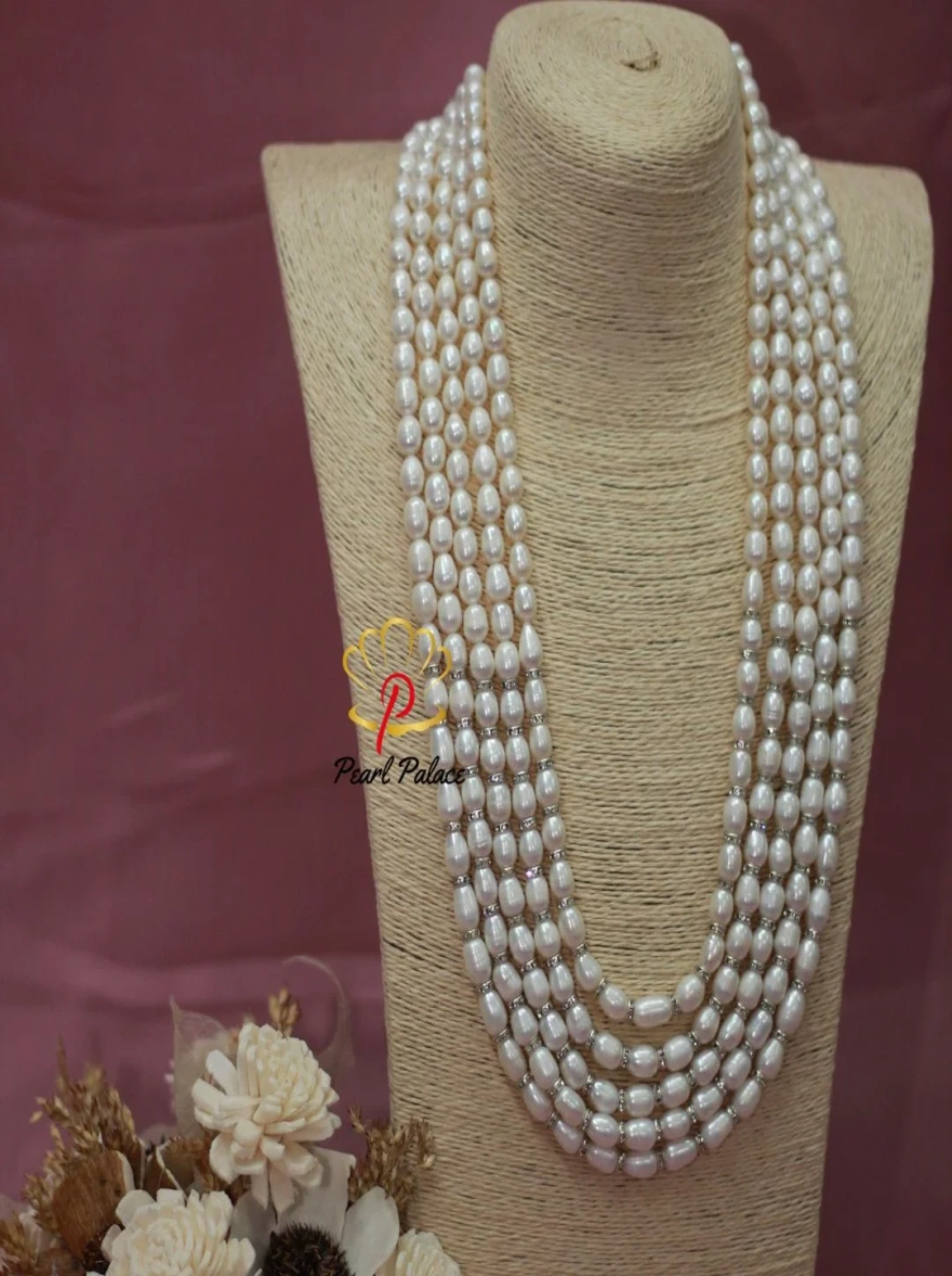 Men's Wedding 5-Layer Necklace for Sherwani (White Rice Pearl)