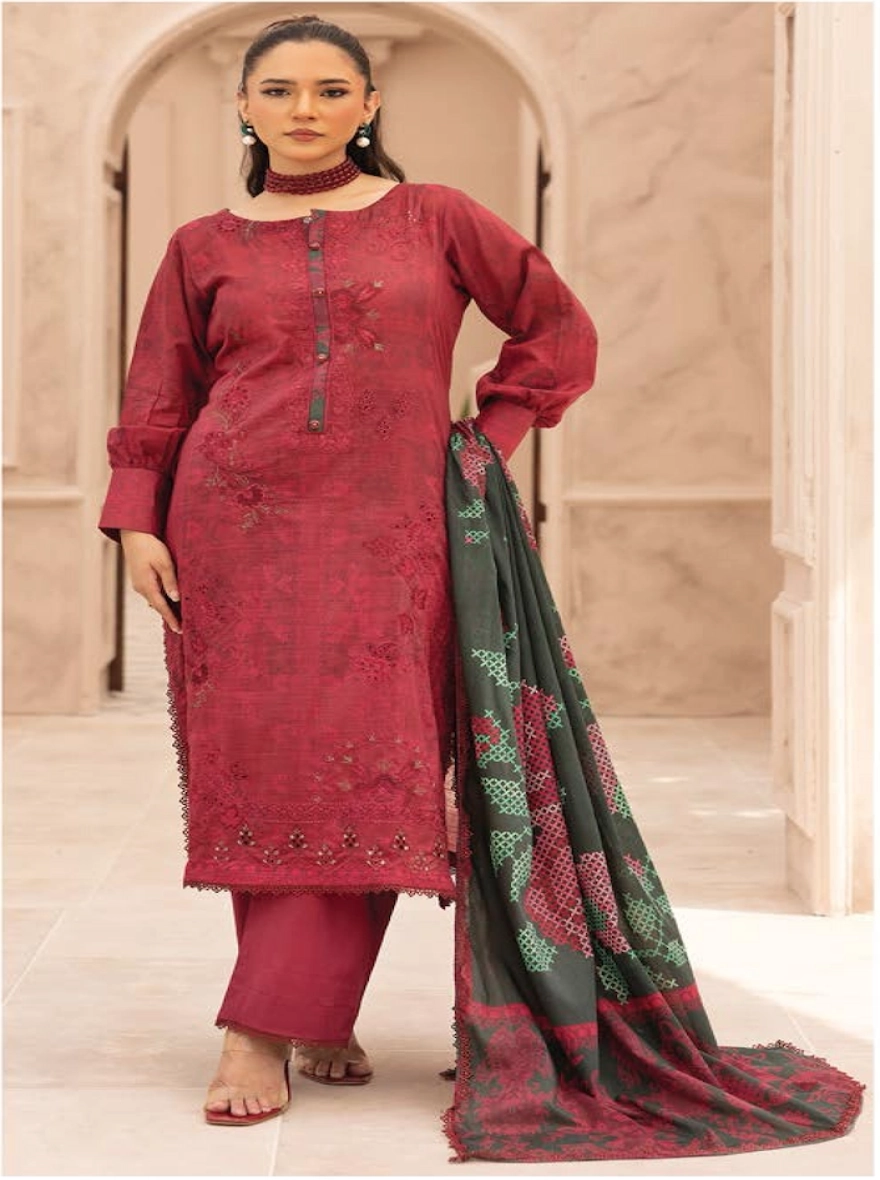 Maroon Majesty Embroidered 3-Piece Lawn Suit-unstitched