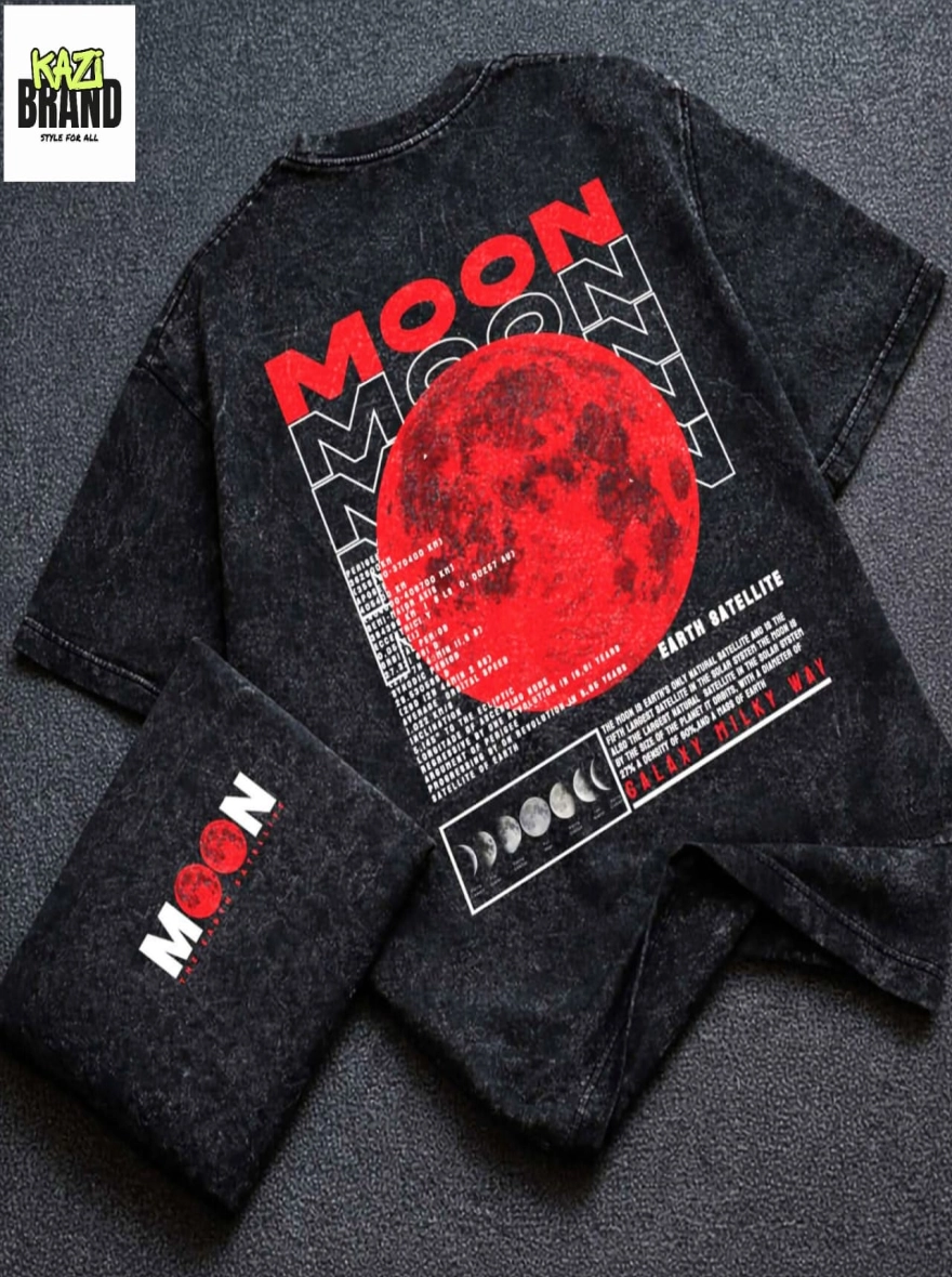 RED MOON EARTH SATELLITE" Acid Wash Premium Drop Shoulder T-Shirt