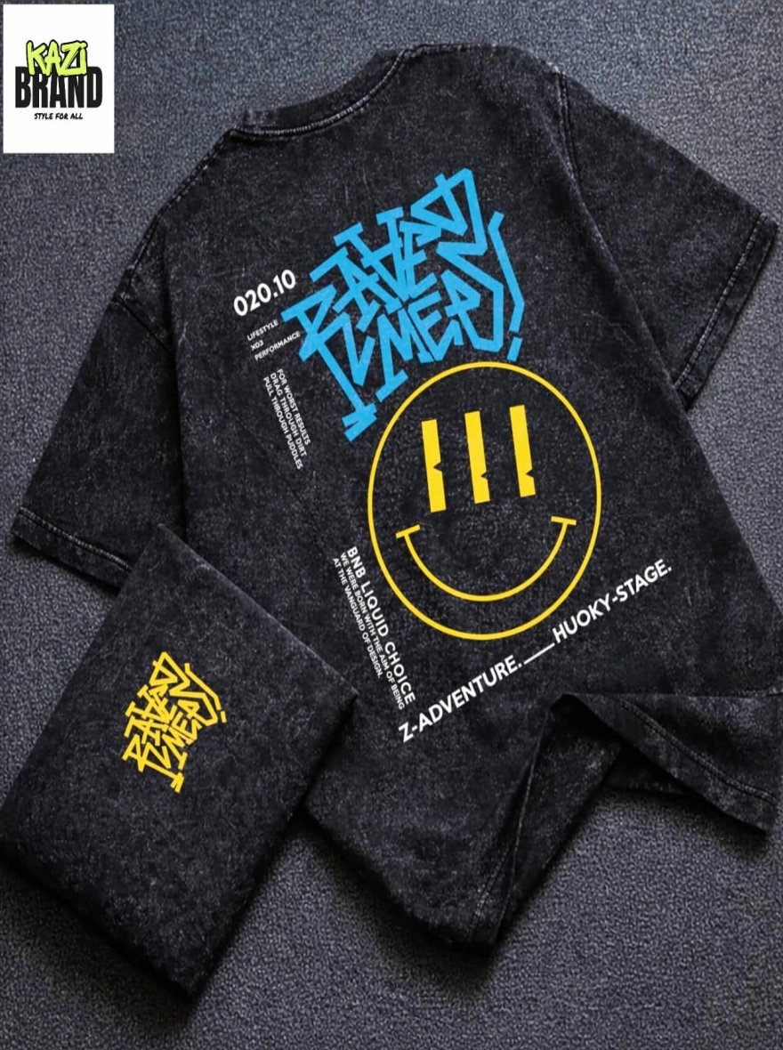 **"LIQUID CHOICE SMILEY" Acid Wash Premium Drop Shoulder T-Shirt**