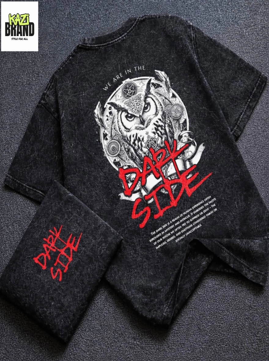 DARK SIDE OWL" Acid Wash Premium Drop Shoulder T-Shirt