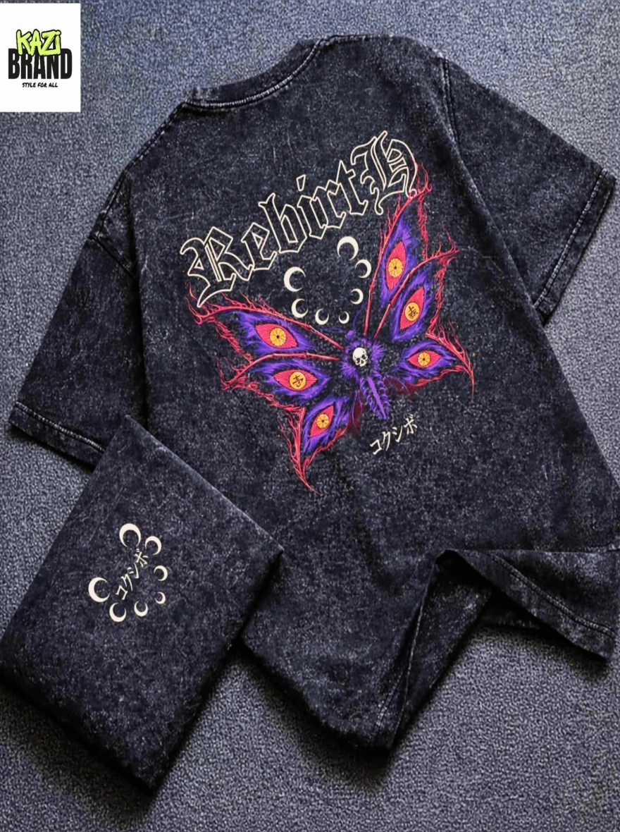 REBIRTH KOKUSHIBO" Acid Wash Premium Drop Shoulder T-Shirt