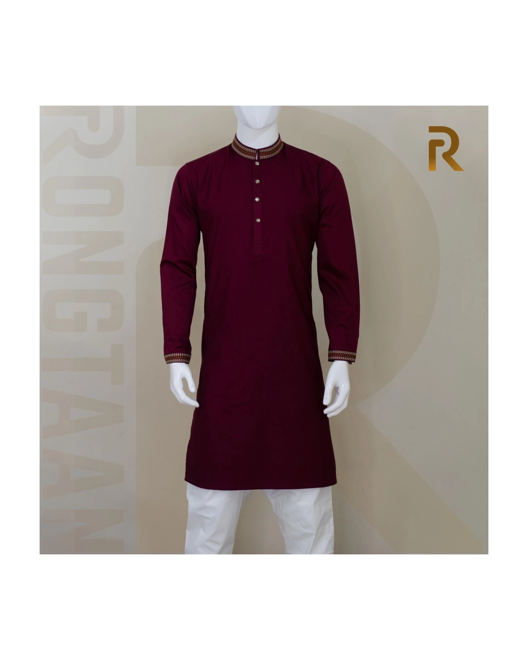 Premium Maroon Embroidered Cotton Panjabi with Designer Collar & Metal Snap Button
