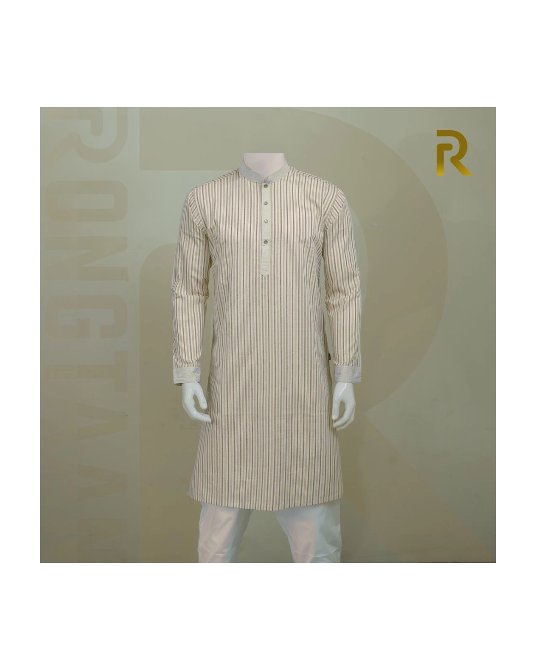 Classic Yellow Stripe with Contrast Print Design Premium Cotton Combo Panjabi with Designer Snap Buttons