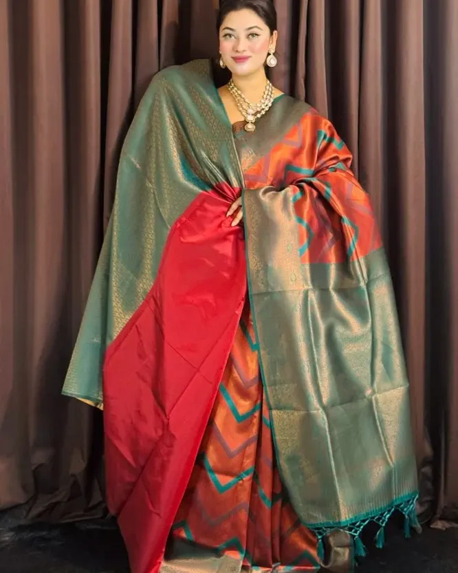 Crimson & Seafoam Chevron Silk Saree