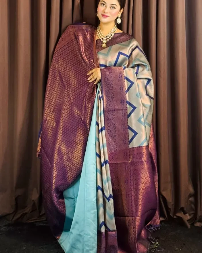 Sky Blue & Royal Purple Chevron Silk Saree
