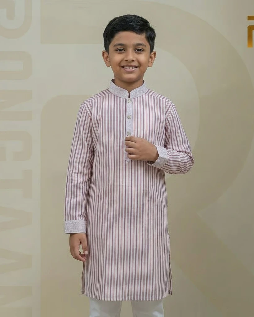 Classic Pink Stripe with Contrast Print Design Premium Cotton Kid's Single Panjabi with Designer Snap Buttons