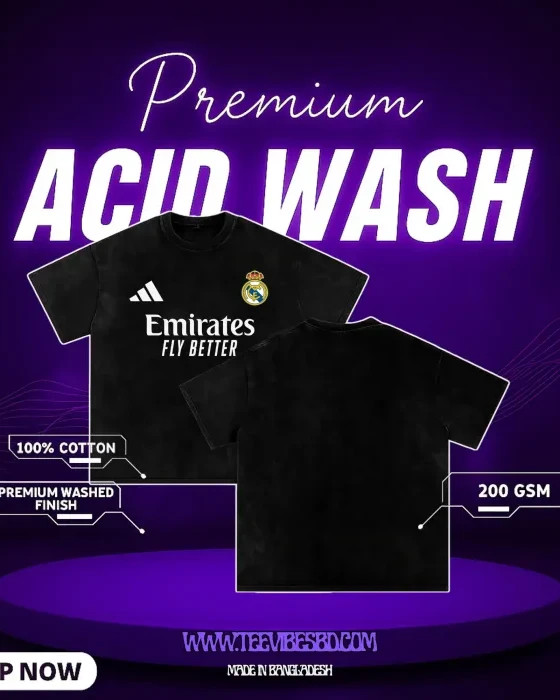 Real Madrid Printed Acid Wash T-Shirt