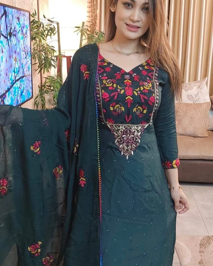 Forest Green Embroidered Cotton 3-Piece Salwar Kameez Suit