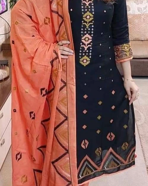 Charcoal & Peach Tribal Motif 3-Piece Salwar Kameez Suit