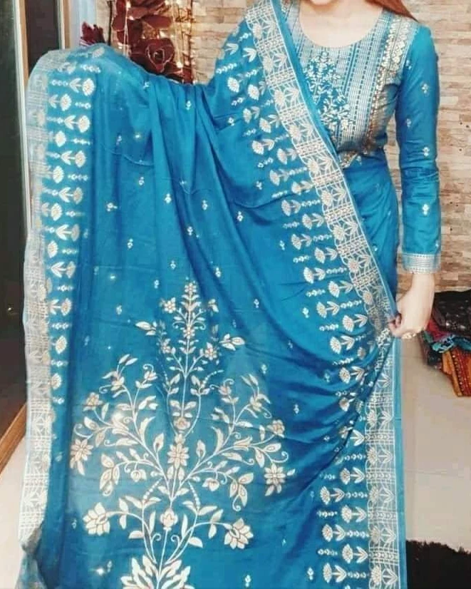 Ocean Blue Floral Screen-Print 3-Piece Salwar Kameez Suit