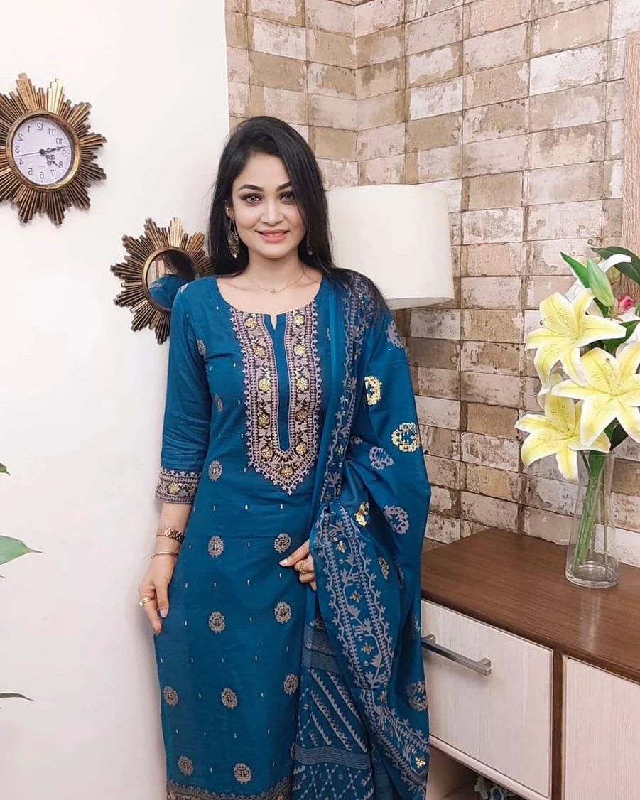 Teal Blue Royal Embroidered Cotton 3-Piece Salwar Kameez Suit