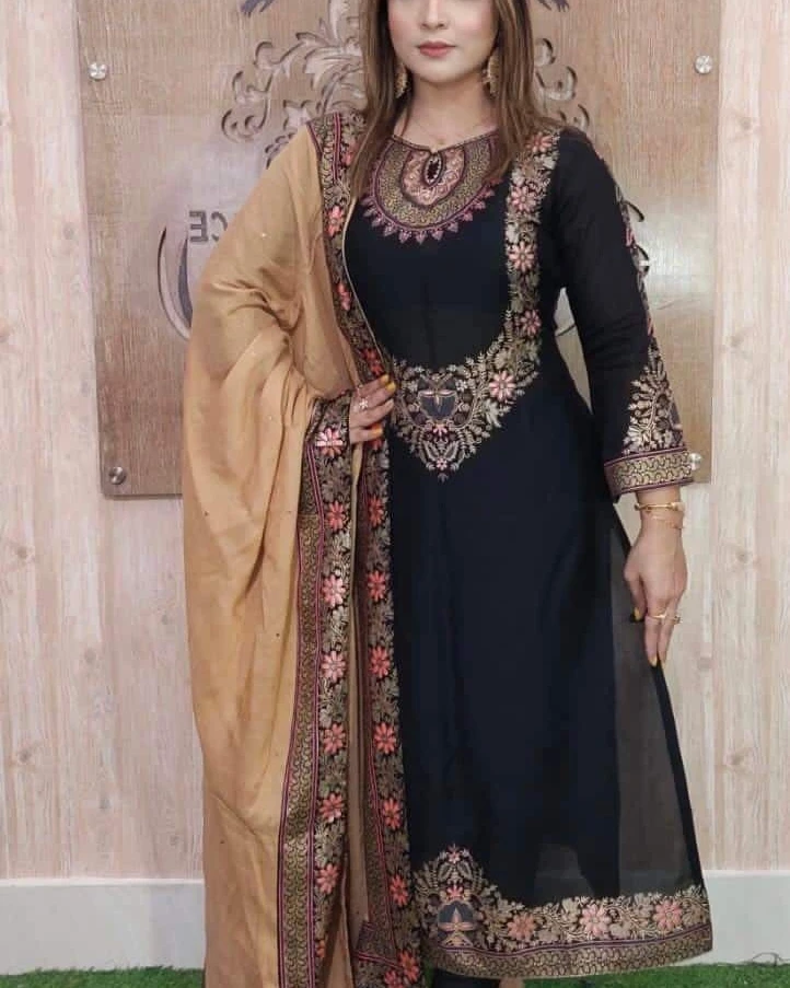 Georgette Heavy Embroidered & Beige Dupatta 3-Piece Salwar Kameez Suit