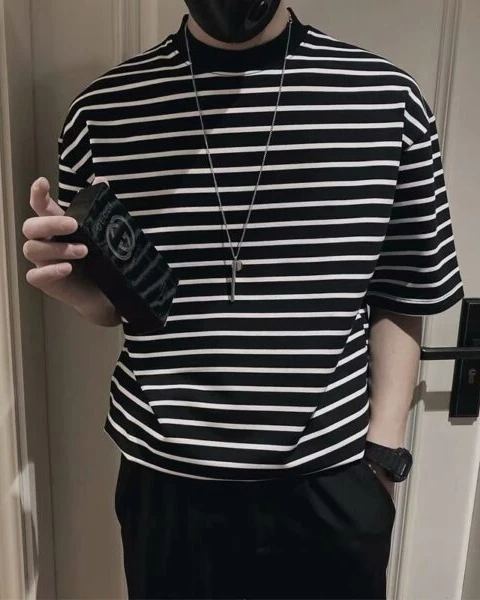 Premium Black & White Horizontal Striped Casual T-Shirt – Garb Streetwear Edition