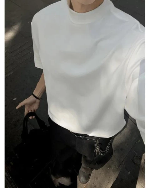 Premium Cotton Stand-Up Collar T-Shirt – Korean Minimalist Collection