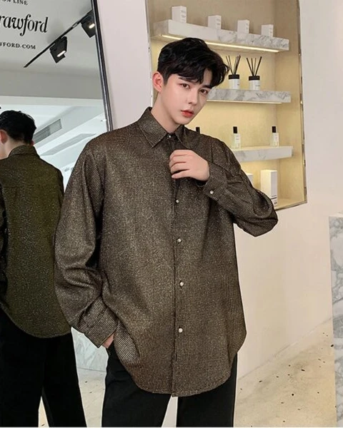 WTHT “Glimmer-Check” Plaid Spliced Sequins Loose Shirt