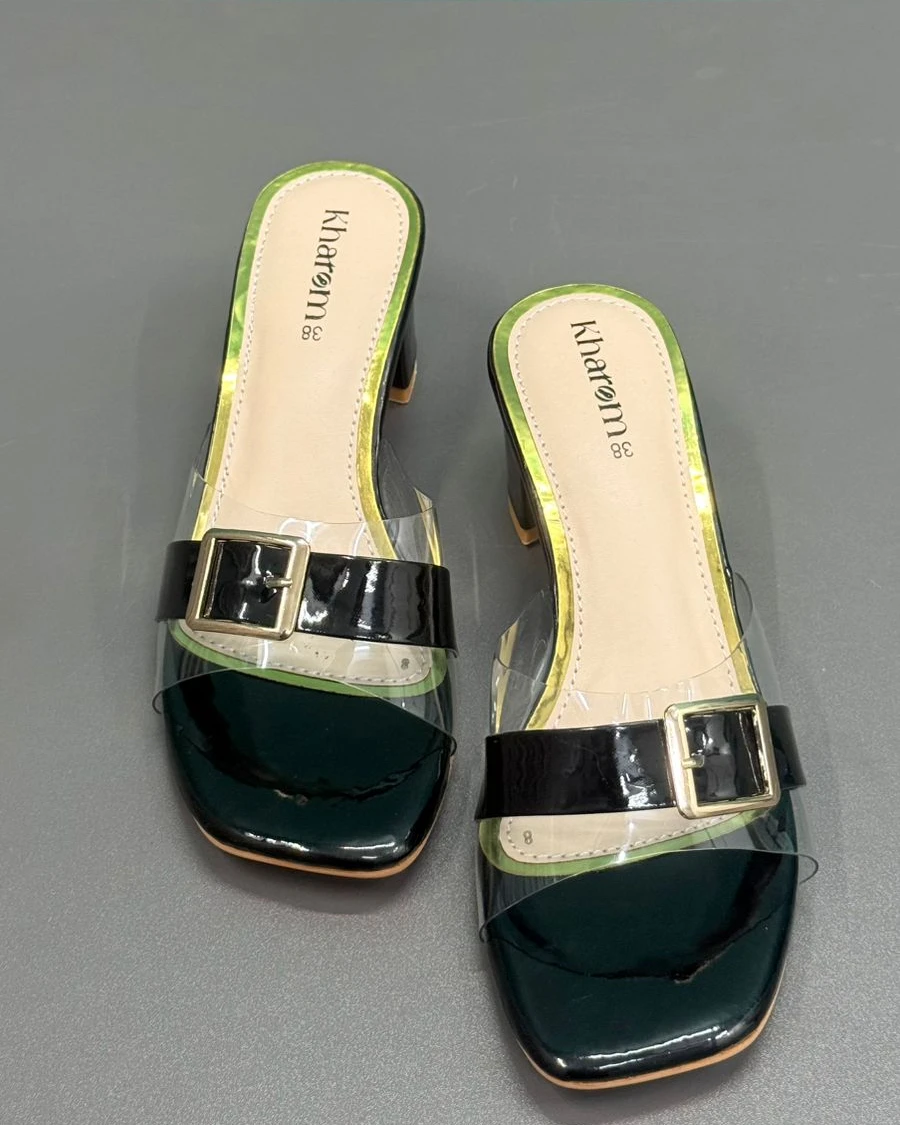 Noir Luxe Square-Toe Buckle Mules