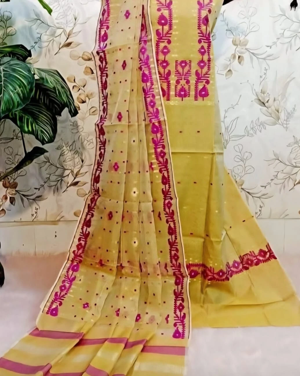 Olive Magenta Tangail Tencel Jamdani