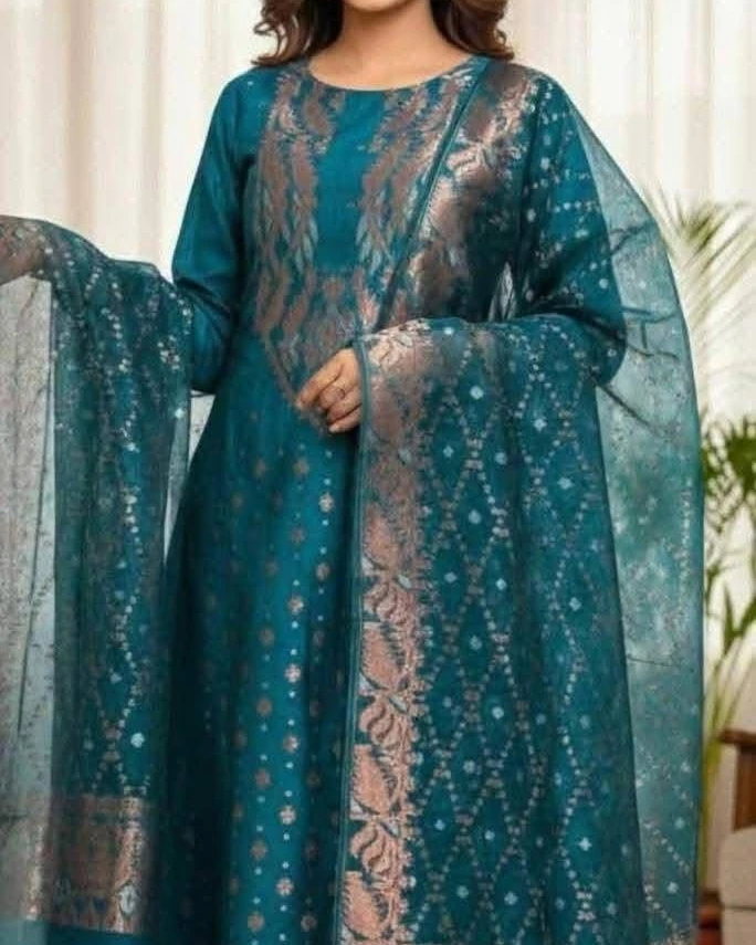 Midnight Teal Tangail Tencel Jamdani
