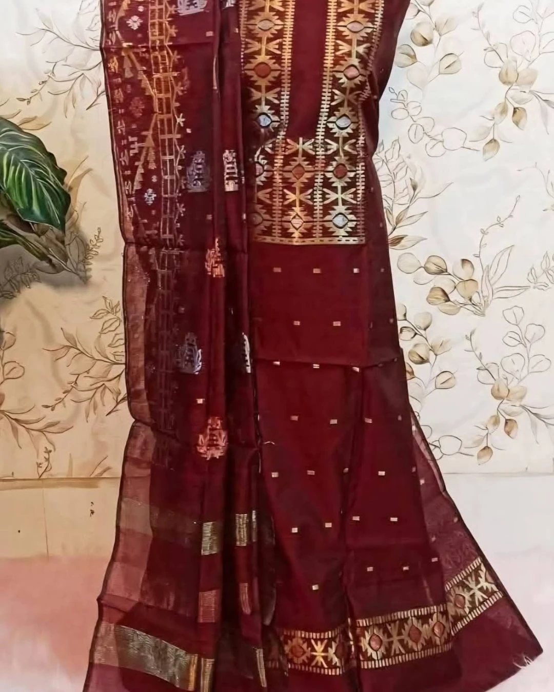 Burgundy Bronze Tangail Tencel Jamdani