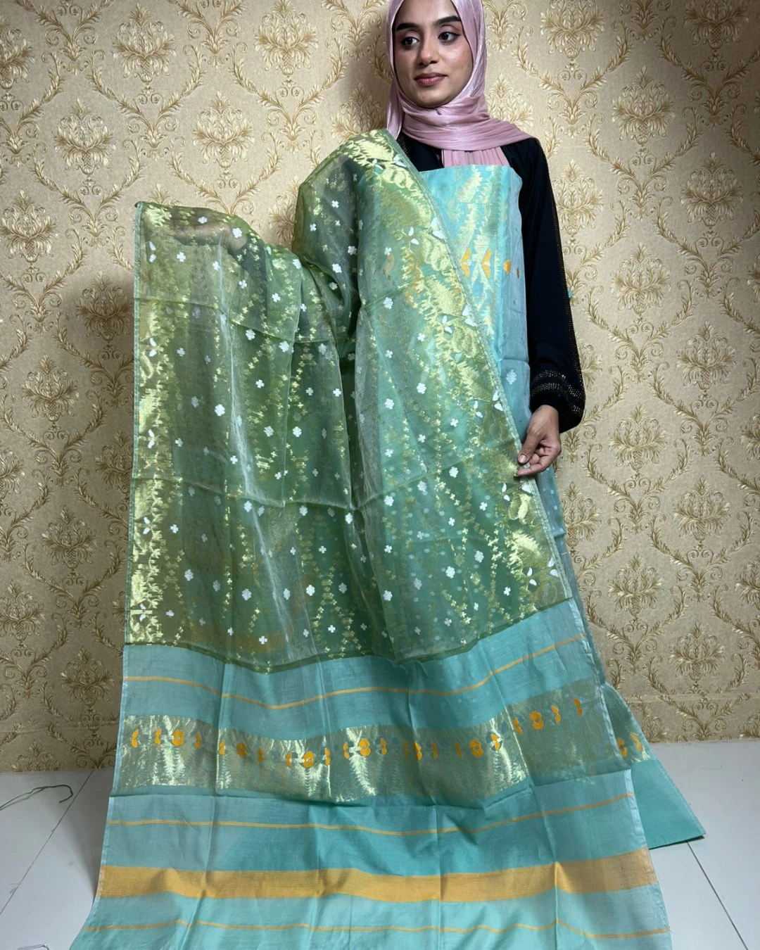 Mint Aurora Tangail Tencel Jamdani