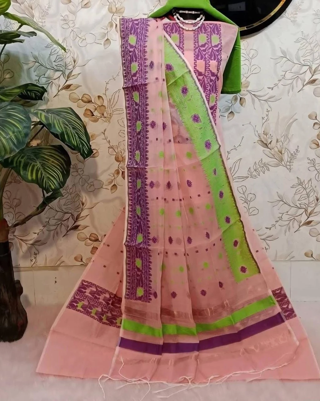 Peach Lime Tangail Tencel Jamdani