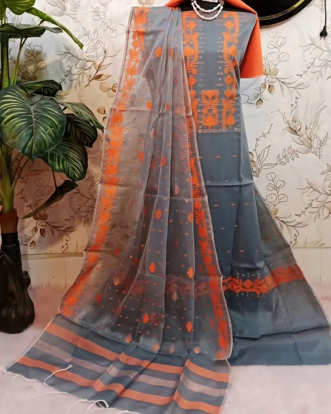 Stone Orange Tangail Tencel Jamdani