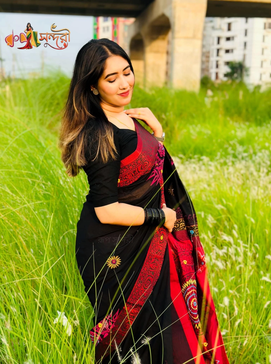Handloom Black Cotton Sari with Deep Red Aari Embroidery and Print Work