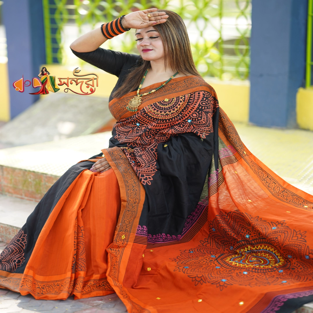 Hand-Woven Black Cotton Sari with Rust Orange Block Print Border