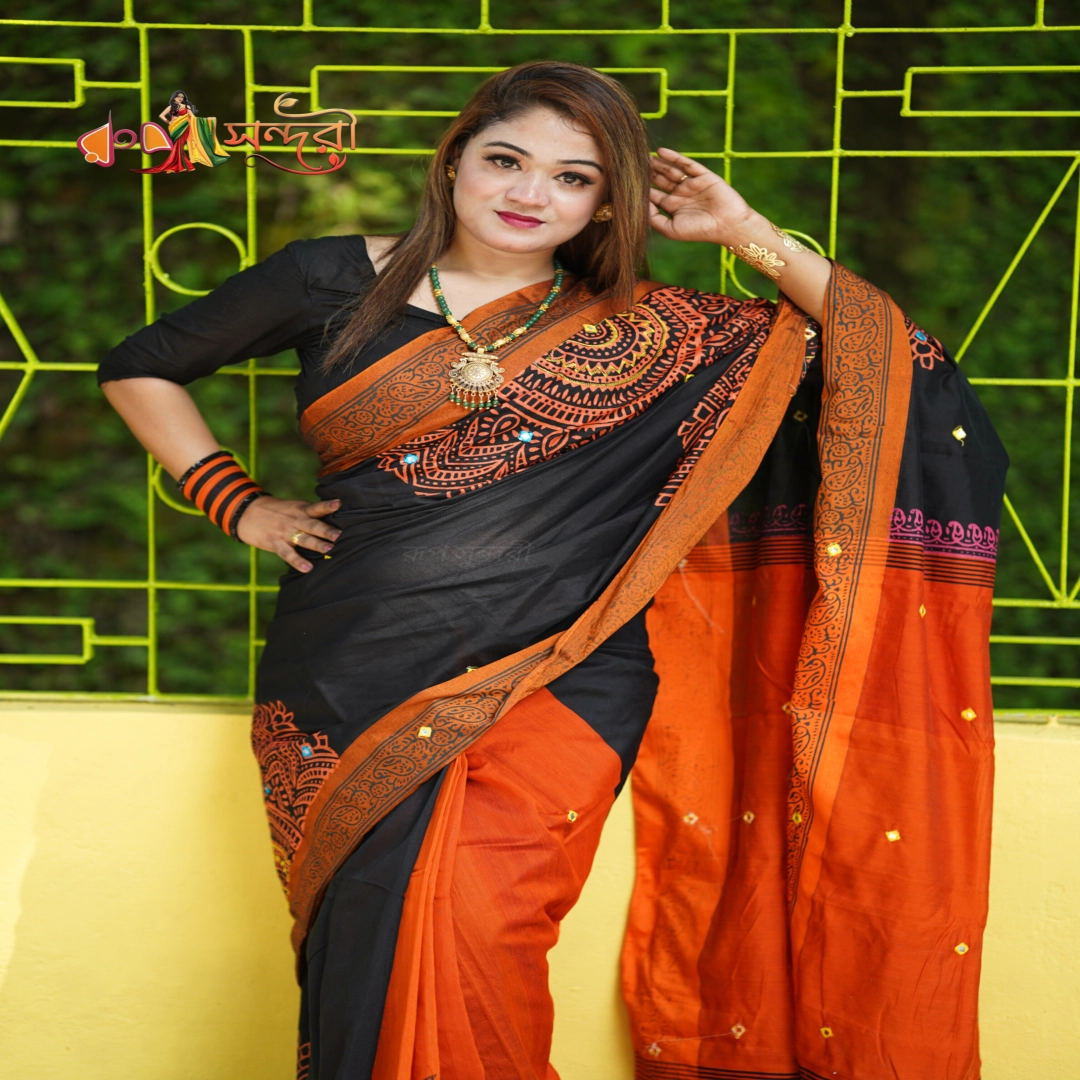 Hand-Woven Black Cotton Sari with Rust Orange Block Print Border