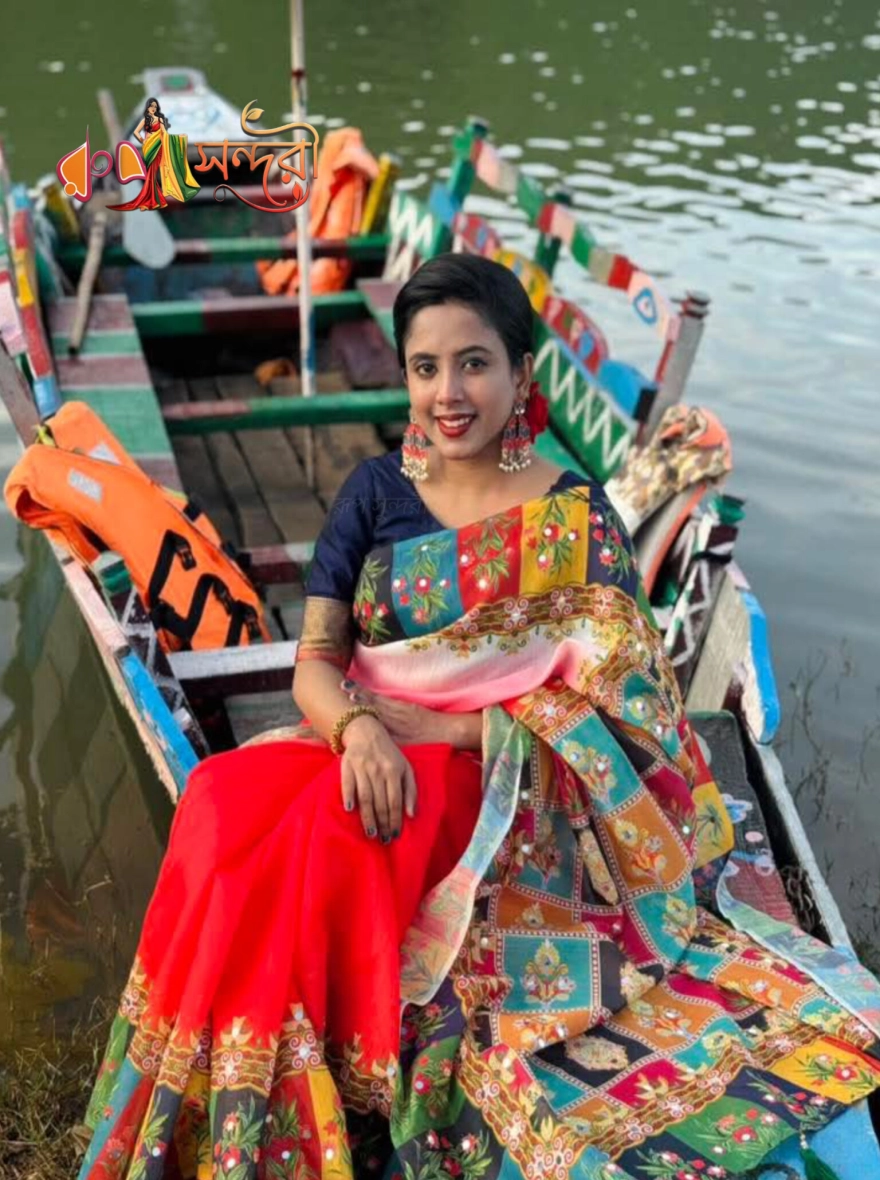 Festive Red Sari with Vibrant Multi-Color Patchwork and Mirror Work Anchal