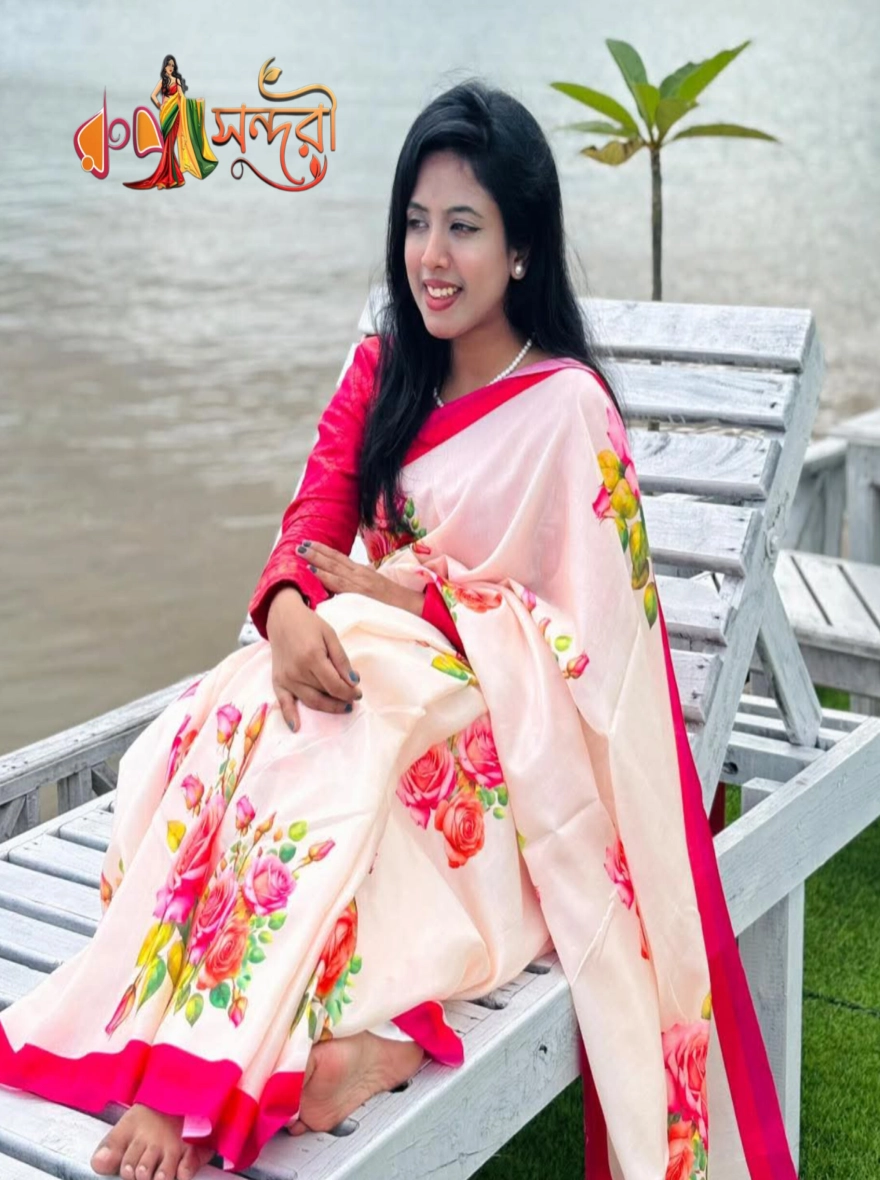 Elegant Off-White Silk Blend Sari with Vibrant Rose Floral Print