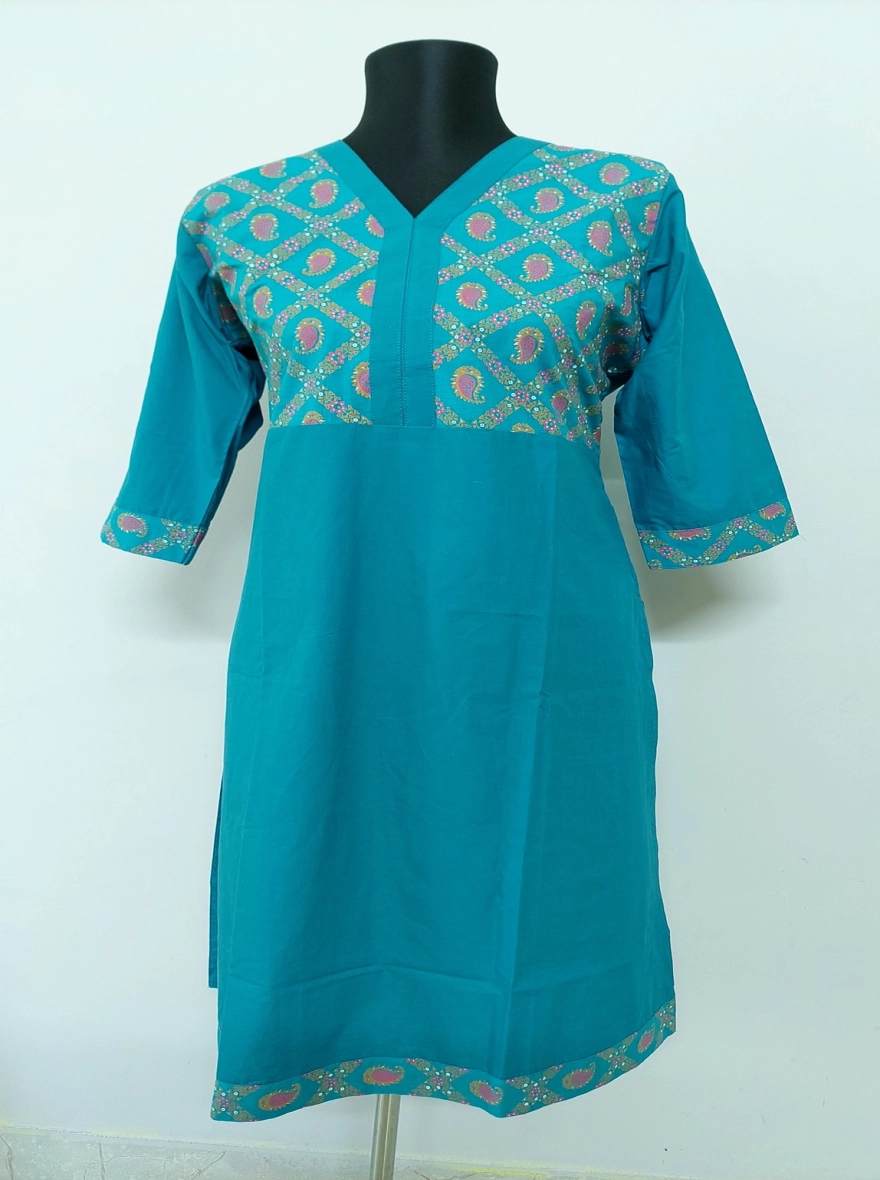 Vibrant Turquoise Kurti with Paisley Yoke