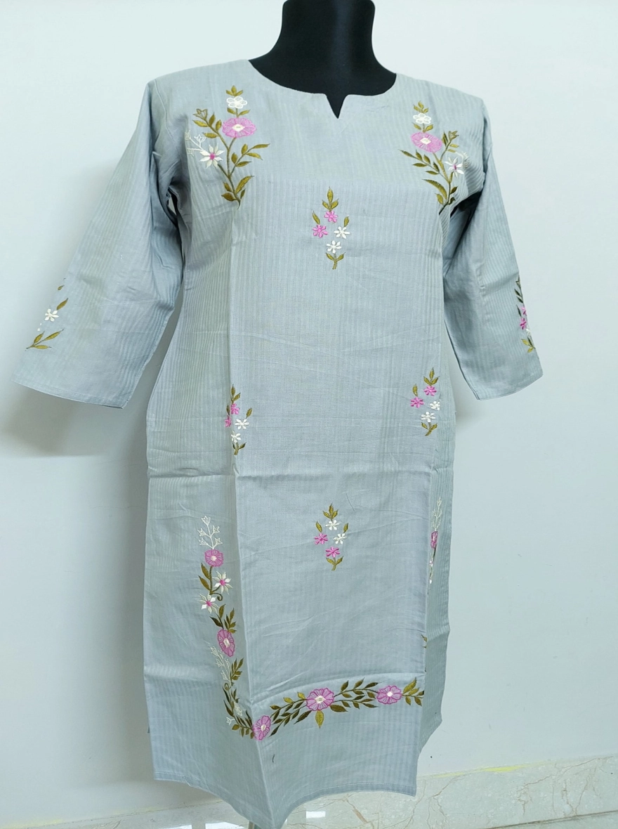 Serene Mist Kurti with Pink & White Embroidery